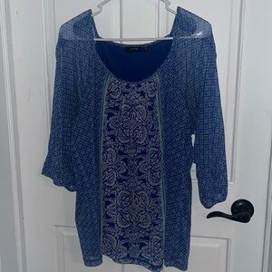 Blue and turquoise top. Long sleeve with arm cut outs (see photo). Has liner. 1X